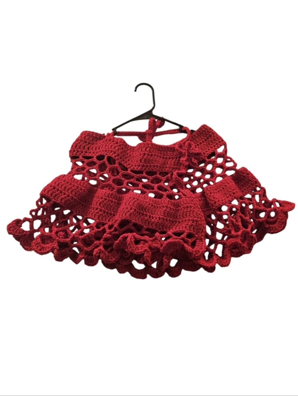 Handmade Red Crochet One-Shoulder Shawl Unique 5-way Hand Knit Summer Boho Piece - Picture 6 of 16